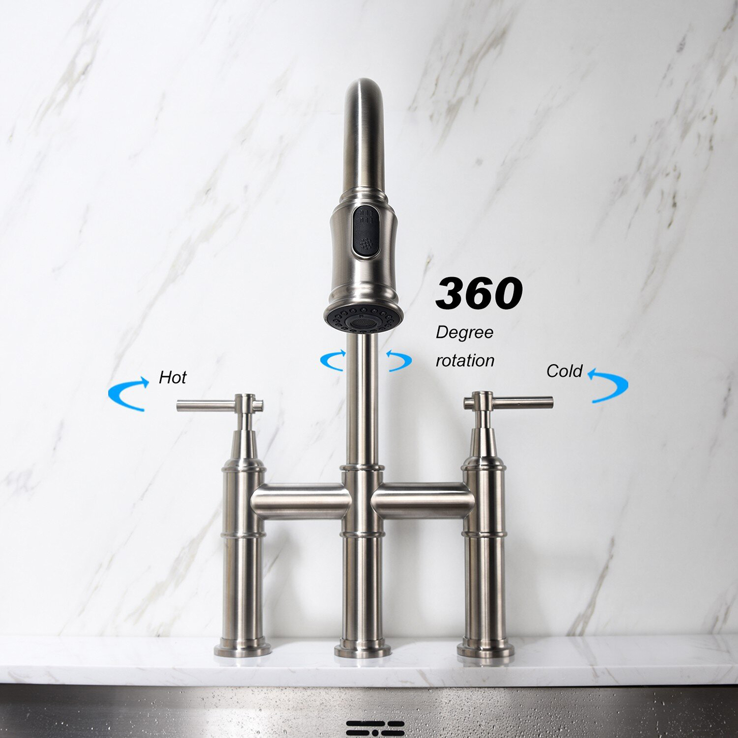  Aquacubic Bridge Köksblandare med Pull-Down Sprayhead Fingeravtrycksresistent fläckfri