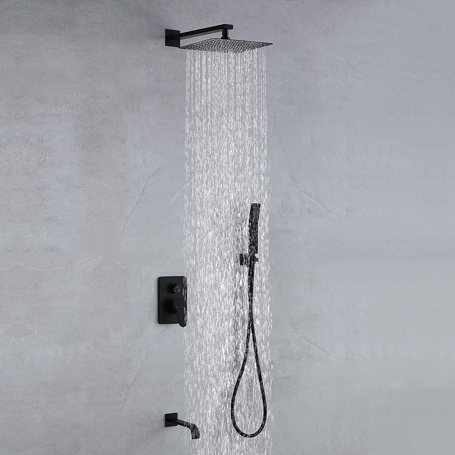Aquacubic 12-tums fyrkantig mattsvart väggmonterad regnduschbadkar Duschkranset med badkarspip