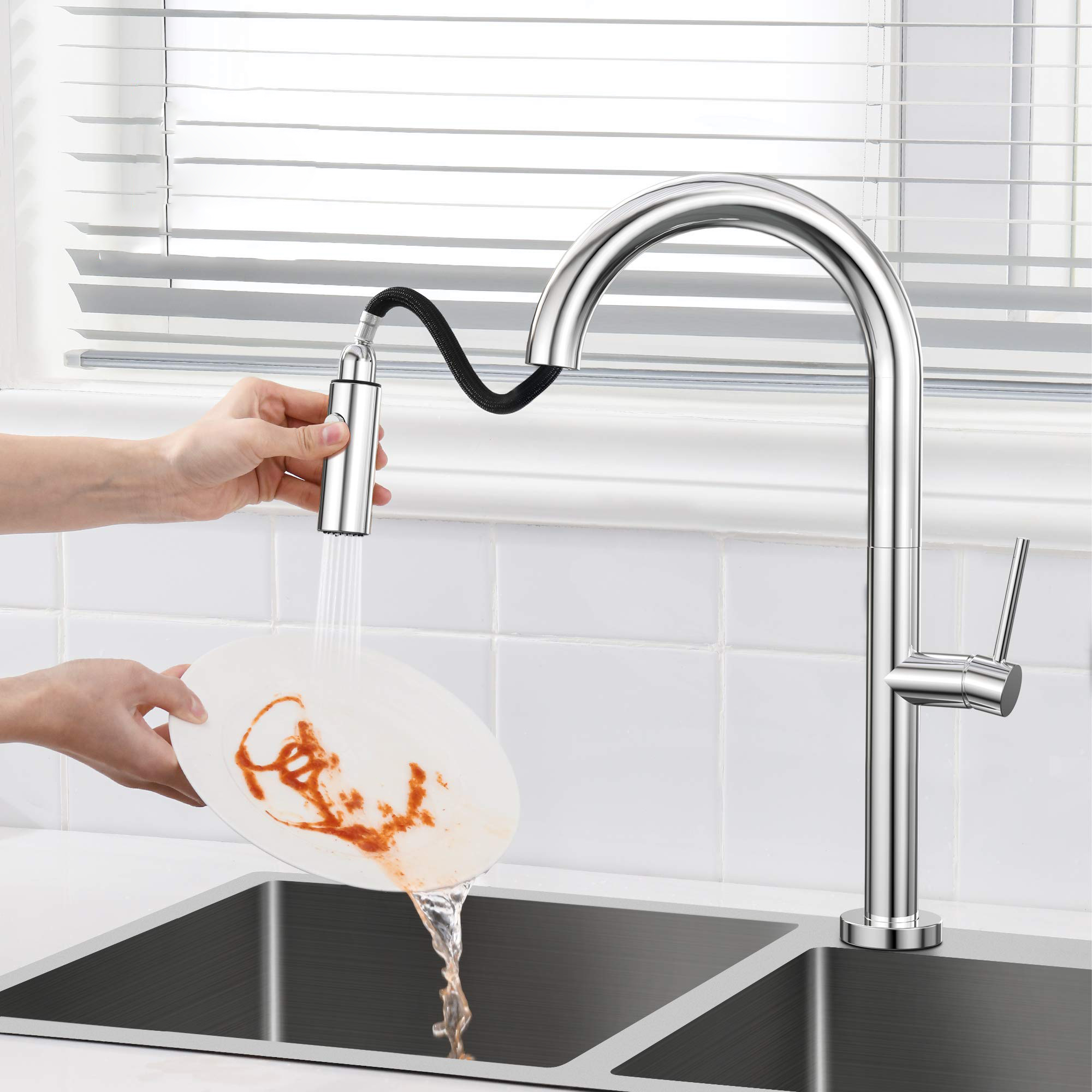 Aquacubic Modern cUPC NSF Chrome Finish dubbel funktion Diskbänksblandare med Pull Down Sprayer AF6842-5