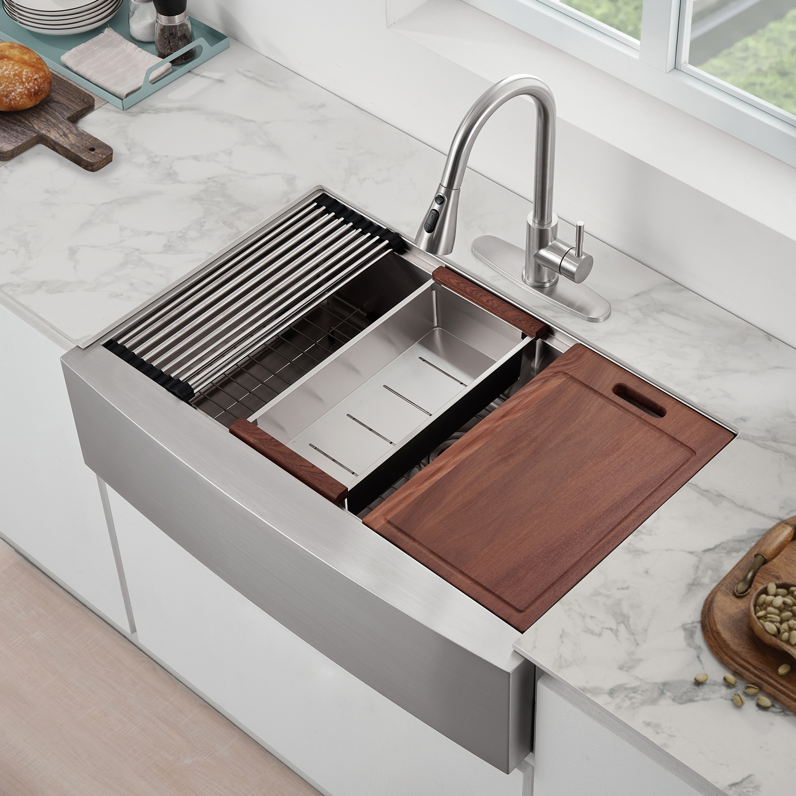 cUPC 33 Farm Sink Förkläde Front Workstation Handgjorda rostfritt stål Farmhouse Köksdiskbänk med avsats