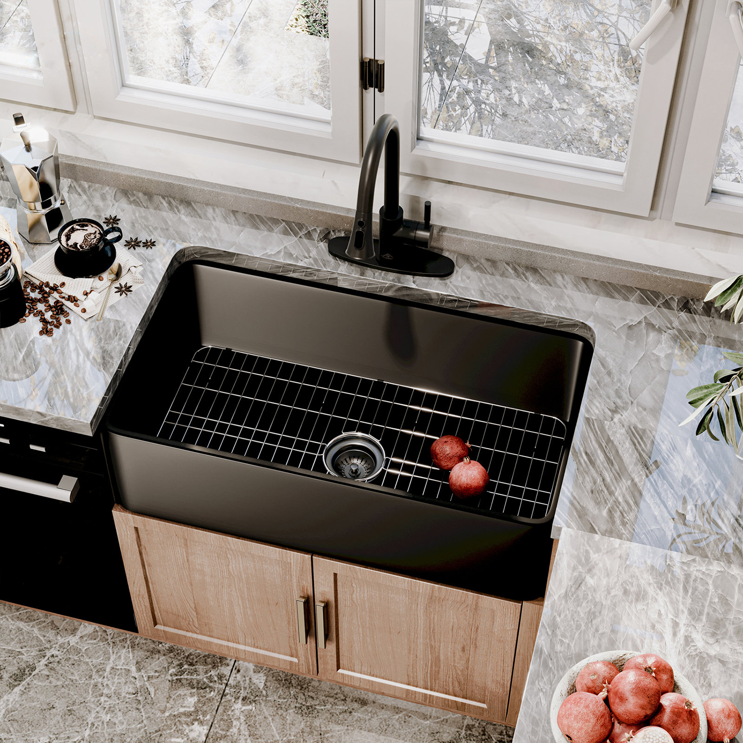 Kinas tillverkare Undermount Black Ceramic Kitchen Sink Fireclay Farmhouse rektangel förkläde främre diskbänken