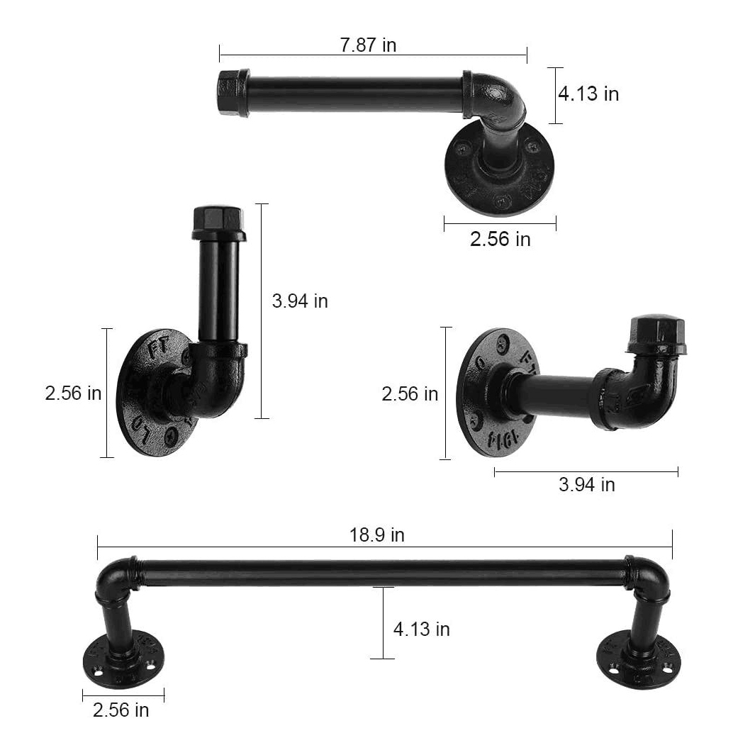 Modern Chic Elektropläterad Svart Industriell Pipe Badrum Hårdvara Fixture Set av Pipe Decor 4-delat kit