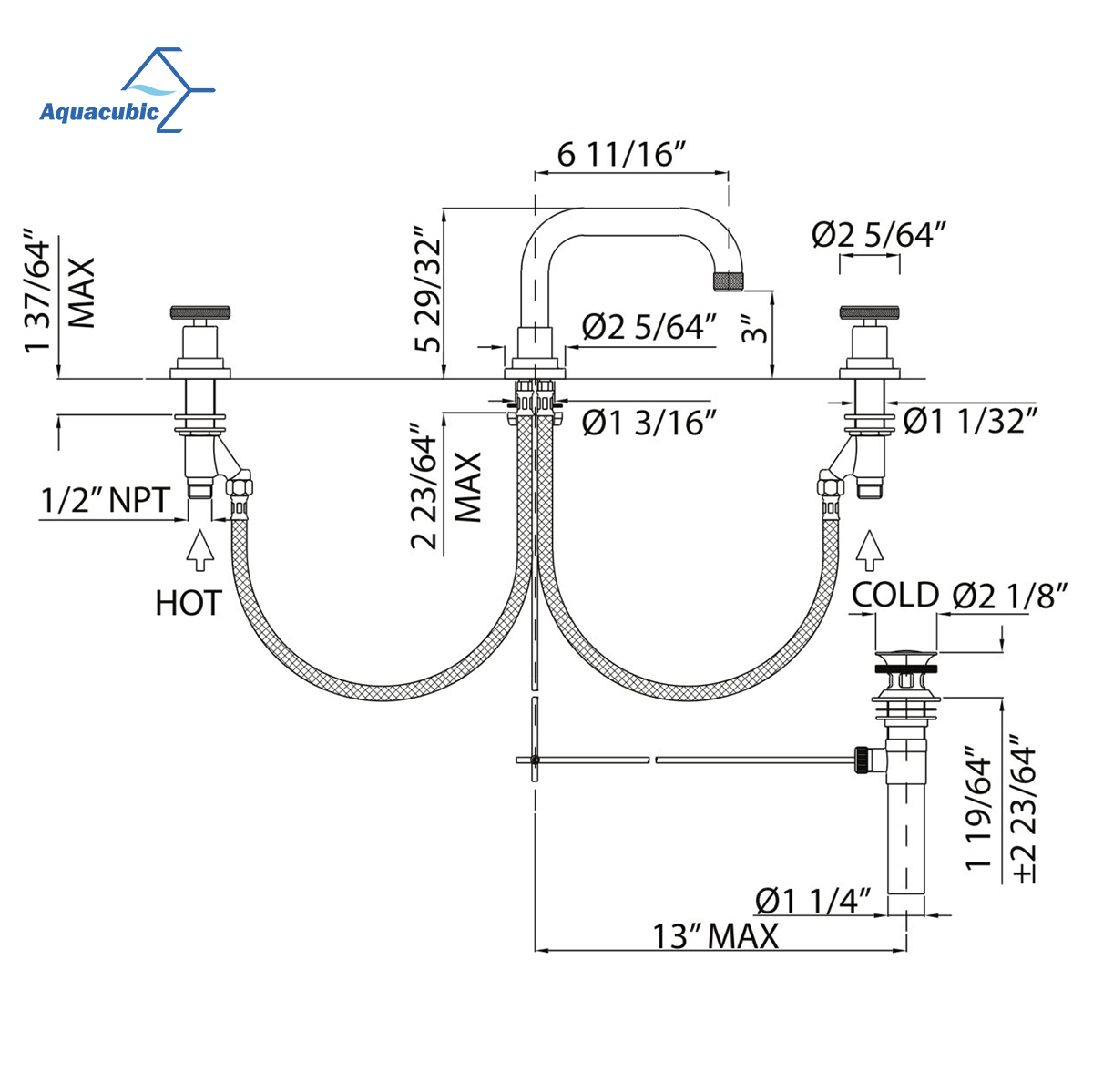 Aquacubic polerad krom Contemporary Low-Arc 2-handtags badkar Vanity Handfat krankran