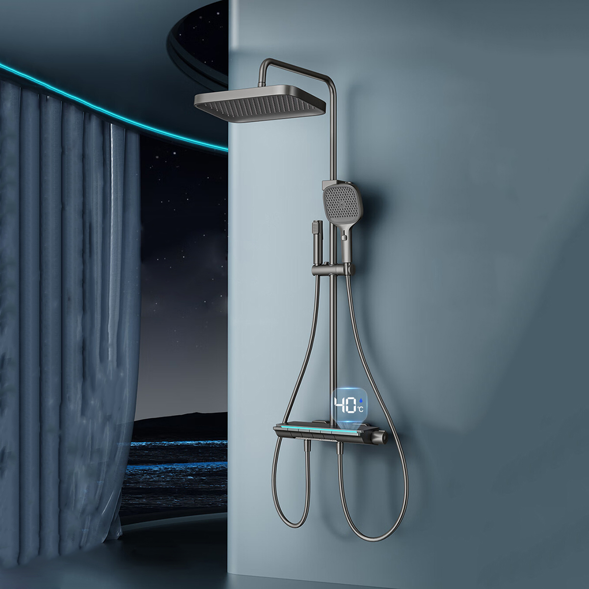 Högtrycksduschsystem Termostatisk LED Temperaturdisplay 4 Funktion Piano Key Shower Set