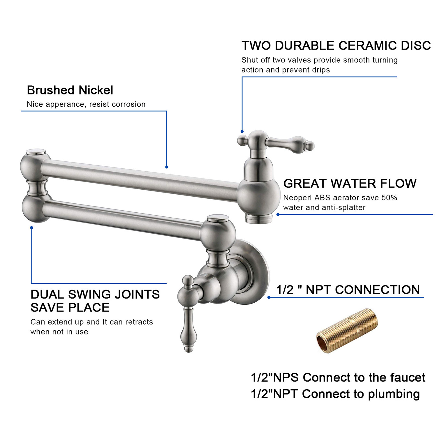 Aquacubic kran Traditionell rostfritt stål Grytfyllare kran Borstad nickel, Delta Pot Filler, Farmhouse Pot Filler kran Väggfäste, Potfiller, Mässingskonstruktion