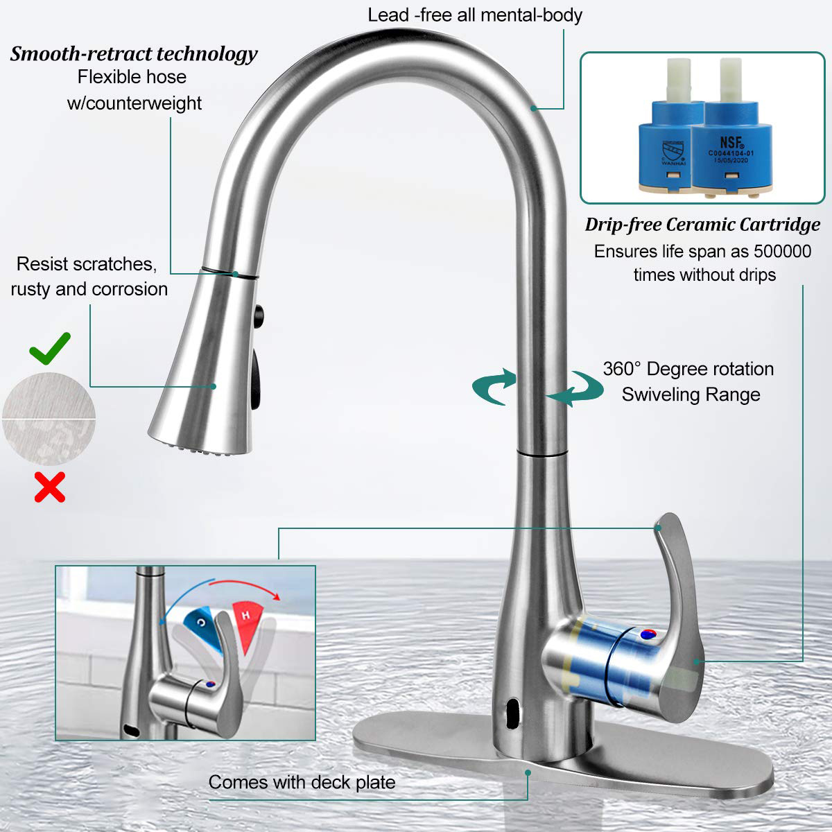 Aquacubic cUPC Sanitär Modern Automatisk Sensor Utdragbar Köksblandare